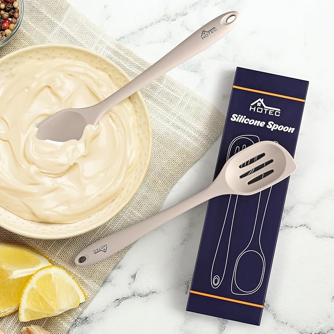 HOTEC Heat Resistant Silicone Cooking Spoon Spatula, Large Kitchen Solid and Slotted Spoons for Mixing, Serving, Scraping, Non-stick, Dishwasher Safe Khaki 12.5inch