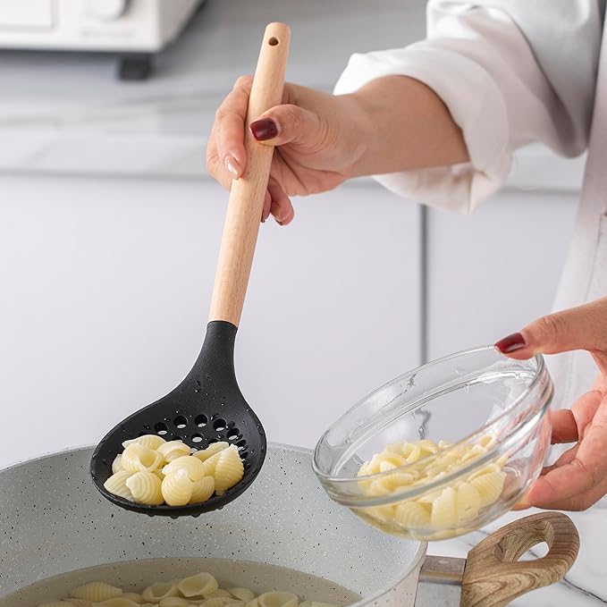 Country Kitchen Non Stick Silicone Utensil Set with Rounded Wood Handles for Cooking and Baking, 14 Piece Set, Black