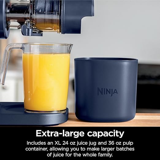 Ninja NeverClog Cold Press Juicer, Powerful Slow Juicer with Total Pulp Control, Countertop, Electric, 2 Pulp Functions, Dishwasher Safe, 2nd Generation, Blue/Navy, JC151NV
