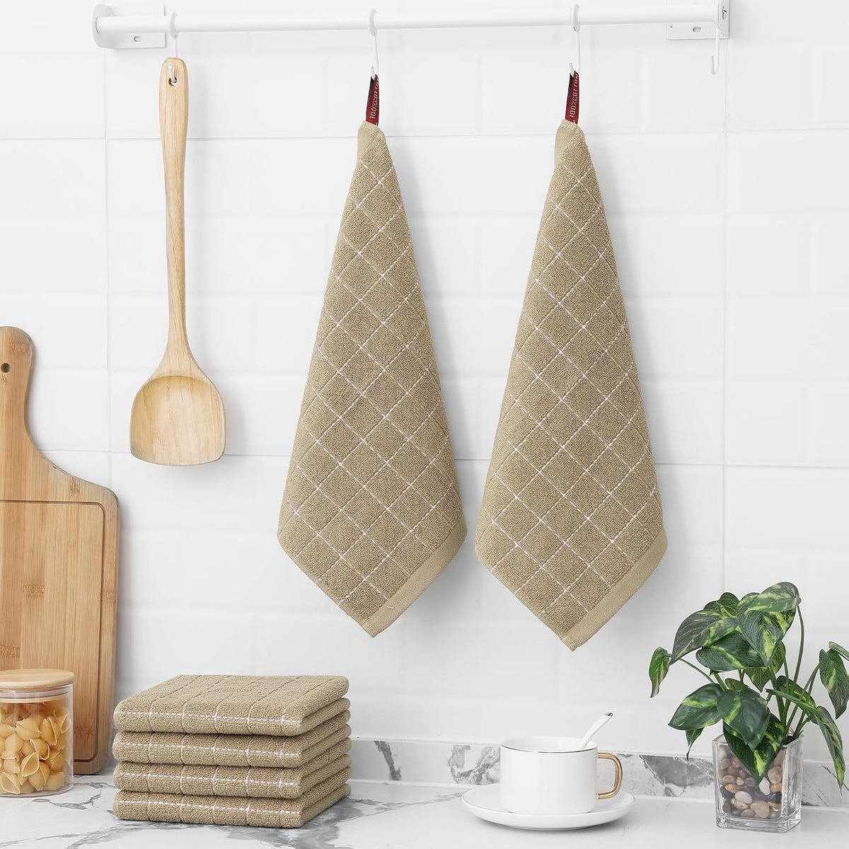 Homaxy 100% Cotton Terry Kitchen Dish Cloths, Ultra Soft and Absorbent Dish Towels for Kitchen, Perfect for Drying and Washing Dishes, 8 Pack, 12 x 12 Inches, Tan