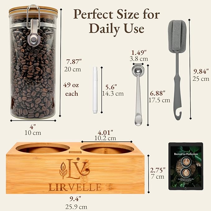 Airtight Coffee Canister with Scoop | Curated Glass Storage Set for Beans, Grounds & Sugar | 9-Piece Ritual Organizer with Bamboo Base, Versatile Artisan Spoon, Labels & Cleaning Brush