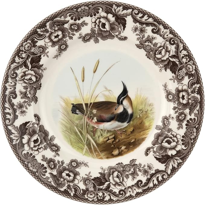 Spode Woodland Lapwing Dinner Plate - Wildlife Tableware, Rustic Holiday Serving Plate with Intricate Floral Border, Dishwasher, Microwave, Oven & Freezer Safe - 10.5" Fine Earthenware