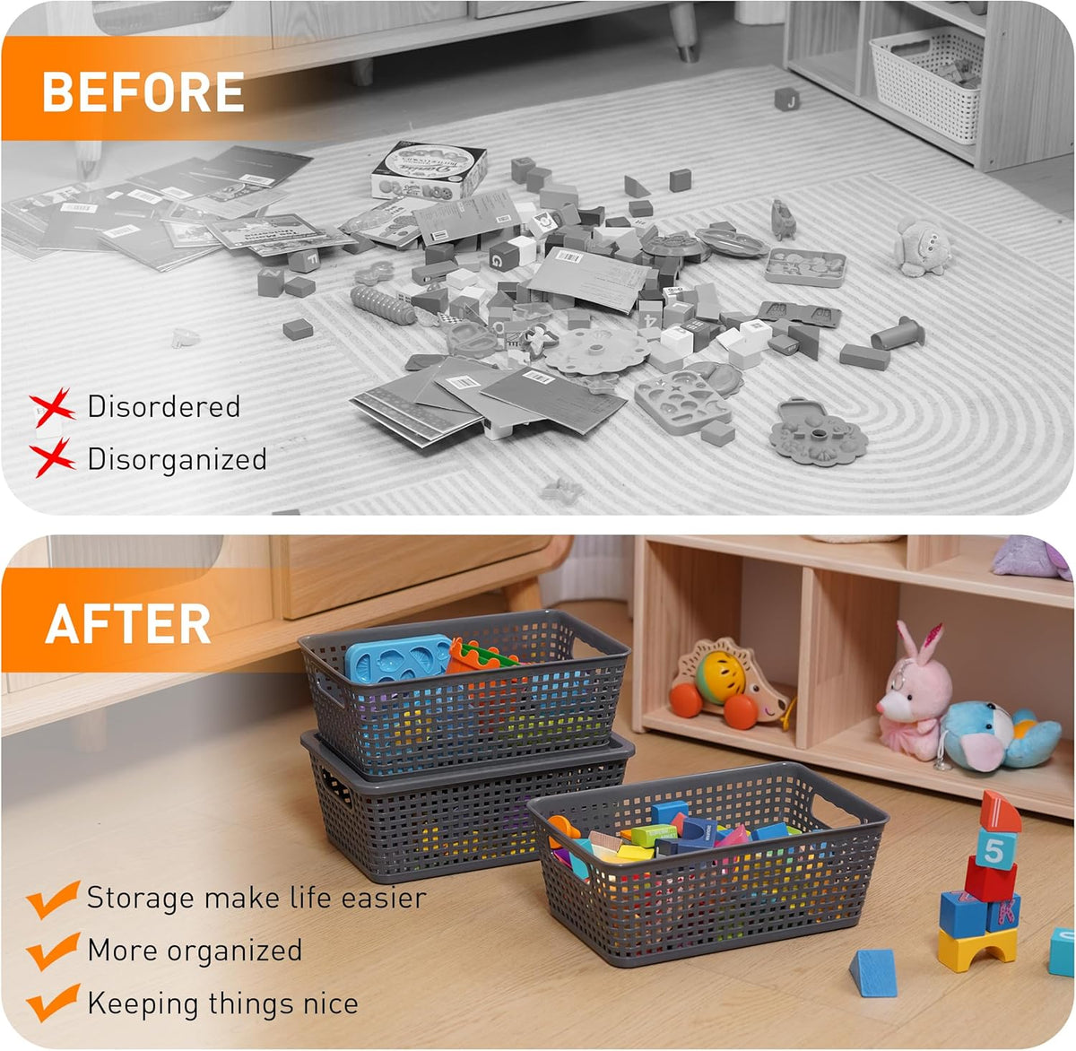Plastic Storage Baskets With Lid, Storage Bins for Organizing, Stackable Decorative Containers for Shelves Drawers Desktop Closet Playroom Classroom Office, 6 Pack-Grey