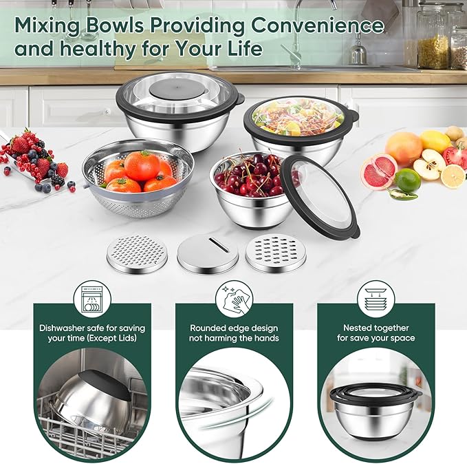 P&P CHEF Mixing Bowls with Lids Set of 3, Stainless Steel Mixing Bowl and Colander for Kitchen, 3 Grater Attachments & Non-Slip Bottoms, Visible & Airtight Lid, Black