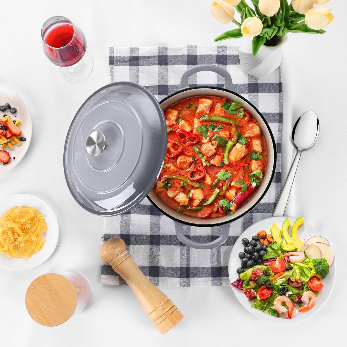 P&P CHEF 5QT Enameled Dutch Oven, Cast Iron Dutch Oven Pot with Lid for Bread Baking, Enameled Casserole Pot for Roasting Braising Stewing Frying Simmering, Various Stoves & Easy Clean, Grey