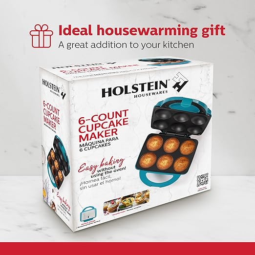 Holstein Housewares Non-Stick 6-Count Electric Cupcake Maker Machine – Bakes 6 Cupcakes, Muffins, Pizza Cups, Cinnamon Buns – Perfect for Gifts, Birthdays, Holidays, or Bake Sales, Teal