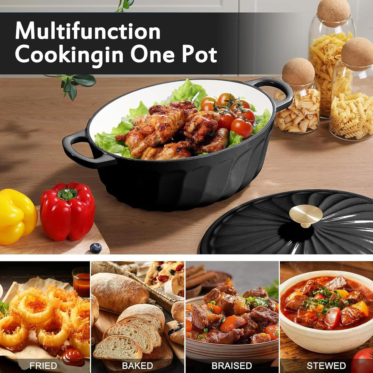 Enameled Oval Dutch Oven Pot with Lid, 7 QT Cast Iron Dutch Oven with Dual Handles for Cooking, Bread Baking, Frying, Non-stick Enamel Coated Oven (Black)