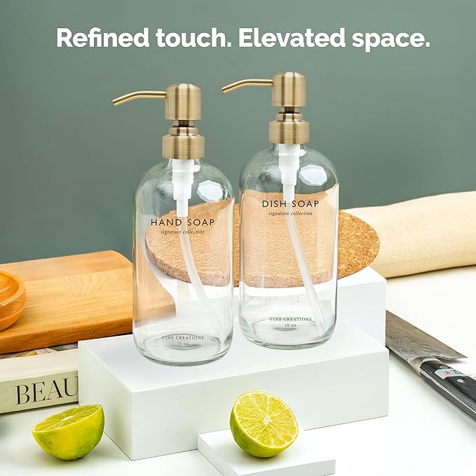 Vine Creations Clear Glass Soap Dispenser Set, Dish Soap and Hand Soap Dispenser Set with Stainless Steel Pump, 16 oz Glass Dispensers for Kitchen Bathroom Decor (Clear Bottle/Brushed Brass Pump)
