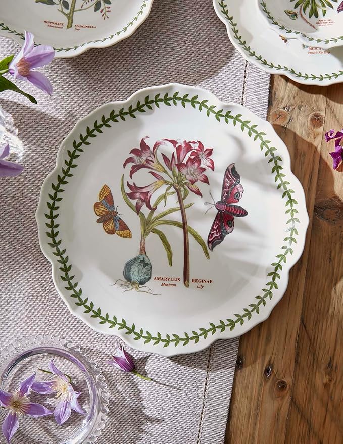 Portmeirion Botanic Garden Lotus Blossom Dinner Plates, Set of 4 - Mexican Lily Porcelain Plates with Butterfly Motif, 11.25" Floral Shape for Dining or Display - Oven, Microwave & Dishwasher Safe