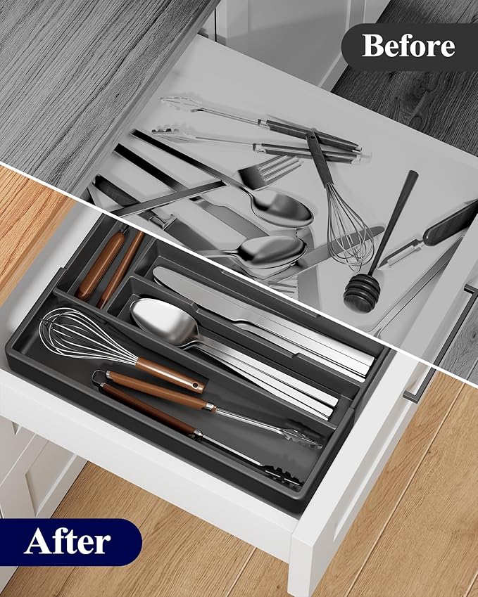 Kitsure Silverware Organizer for Drawers - Expandable Cutlery and Utensil Drawer Organizer with Easy Maintenance, Premium PP Kitchen Organizers and Storage for Flatware, Black, 13.2" x 12.2" x 1.6"