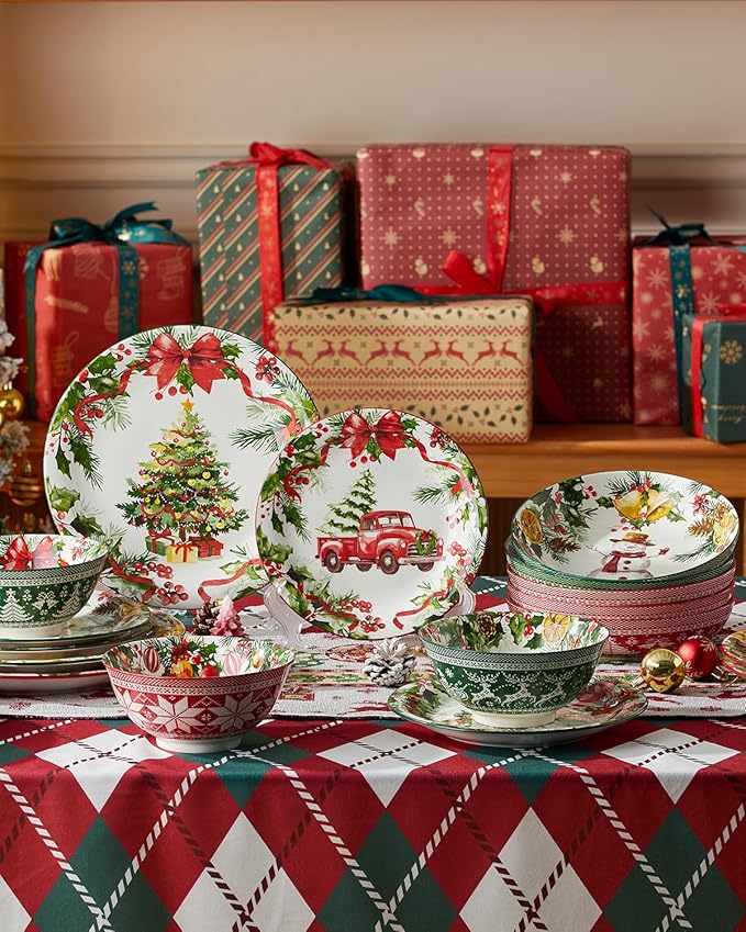 Christmas Pasta Bowls, Ceramic Salad Serving Bowl Set, 8 Inch Wide and Shallow Dinner Bowl Plate for Kitchen, Dishwasher and Microwave Safe, Set of 6