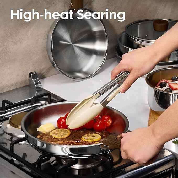 CAROTE 13pcs Tri-Ply Stainless Steel Cookware Set with Detachable Handle, Pots and Pans Set, Induction Kitchen Cooking Sets, RV/Camping Cookware, Oven Safe, Woodgrain Style