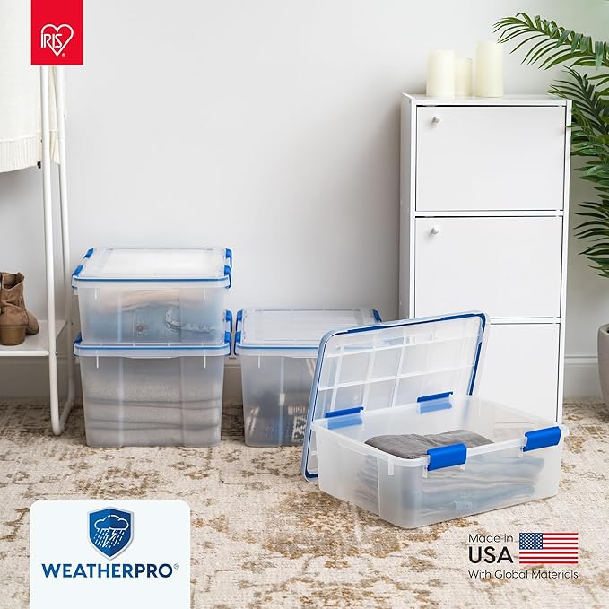 IRIS USA WeatherPro 16 Qt Storage Bins with Lids, 3 Pack, BPA-Free Plastic Gasket Box with Tight Latch and Seal, Stackable Nestable Tote Tub - Clear/Blue