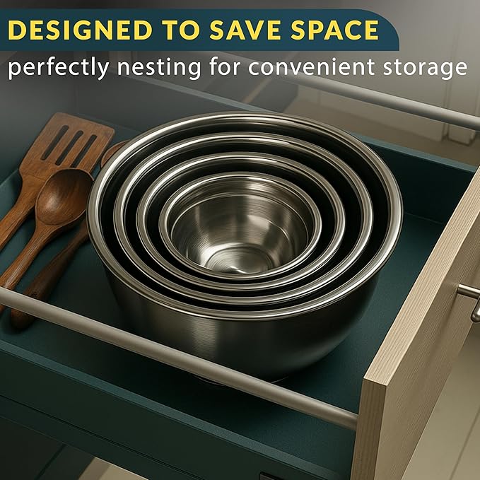 Baker's Signature Stainless Steel Mixing Bowls With Lid, Metal Mixing Bowl Set Of 5, Nesting Set For Food Prep, Baking,Storage, Cooking, Serving | Dishwasher Safe, 0.5/1.5/3/4/5 Qt
