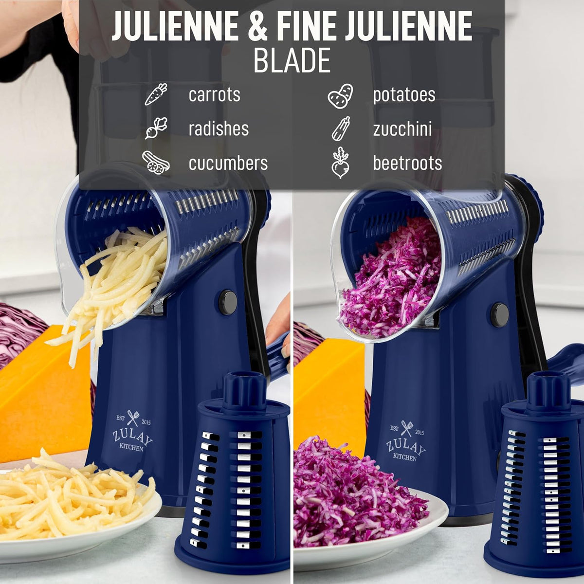 Zulay Kitchen Rotary Cheese Grater 5 Blade Cheese Shredder - Manual Hand Crank Cheese Grater With Reinforced Suction & 5 Interchangeable Drums - Easy to Use, Vegetable Chopper Round Mandoline Slicer