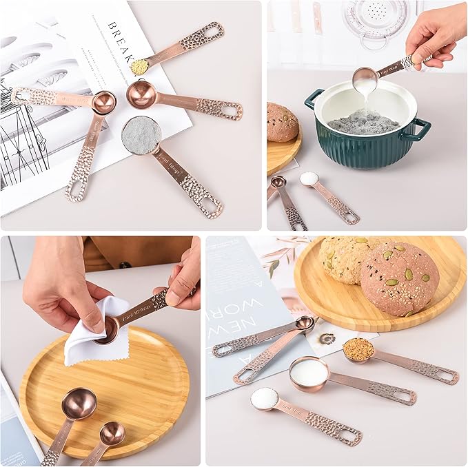 Copper Measuring Cups and Spoons Set, Stainless Steel Measuring Cups and Spoons Set for Baking and Kitchen, Measuring Cups Set with 3/4 Cup Measuring Cup