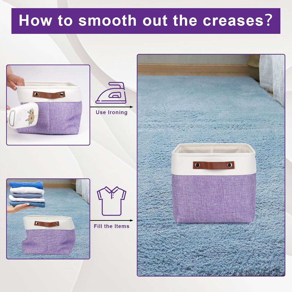 Storage Bins Large Fabric Storage Baskets for Shelves 3 Pack, Decorative Linen Closet Baskets with Handles for Organizing, Shelf, Clothes, Home, Office, 15x11x9.5Inches (Purple&White)
