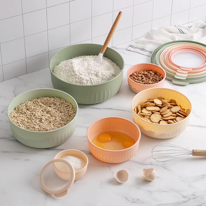 COOK WITH COLOR Prep Bowls with Lids- Wide and Deep Nesting Plastic Small Mixing Bowl Set with Lids, 12 Piece Set - Wide Bowls, Mint/Pink