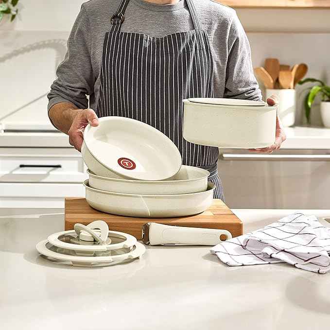 T-fal Ingenio Essentials Cookware Set with Detachable/Removable Handle 11 Piece, Granite Titanium Non Stick, Oven Broiler Safe 500F, Stackable, Pots and Pans Set, Frying Pans, Dishwasher Safe, Beige