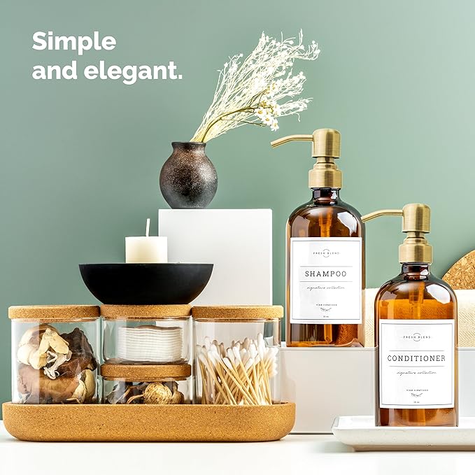 Vine Creations Amber Glass Soap Dispenser, 2 Pack Kitchen Soap Dispenser Set with Ceramic Tray, Stainless Steel Pump, Dish Soap and Hand Soap Dispensers for Bathroom Decor with Waterproof Labels
