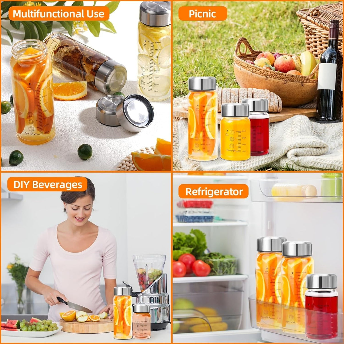 Glass Juice Bottles 4 Pack 12 oz - Wide Mouth Glass Water Bottles with Lids - for Juicing, Smoothies, Milk, Protein, BPA Free, Reusable, Stainless Steel Lids, Leak Proof, Shaker bottle (12oz/400ml)