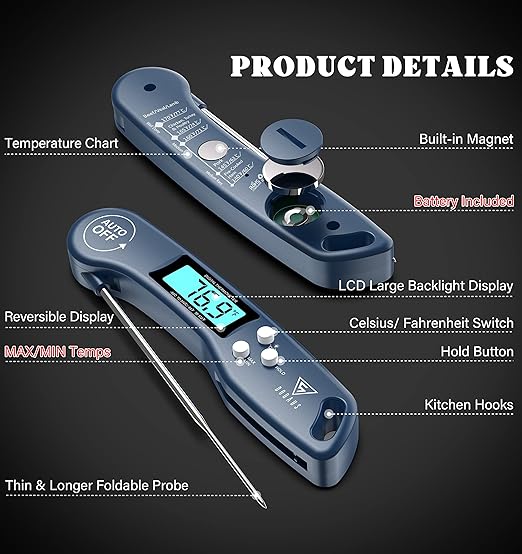 DOQAUS Digital Meat Thermometer, Instant Read Food Thermometers for Cooking, Kitchen Probe with Backlit & Reversible Display, Wide Temperature Range for Turkey, Grill, BBQ, Baking, Bread, Sourdough