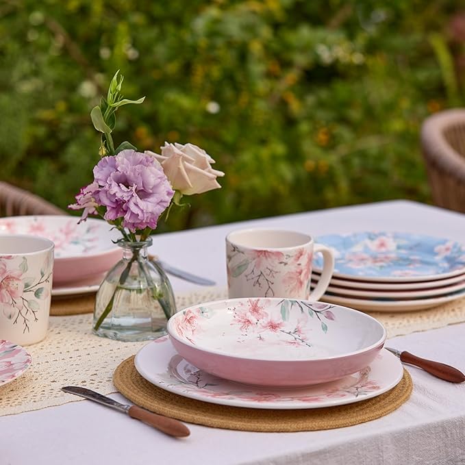 Bico Spring Sakura Dinner Plates Set of 4, 11 Inch Large Ceramic Plates for Pasta, Steak, Stylish Serving Dishes, Microwave and Dishwasher Safe, Gift for Housewarming and Thanksgiving