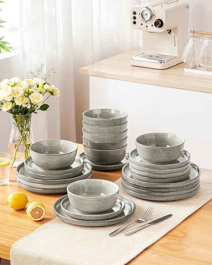 vancasso ANYA 24 Pieces Plates and Bowls Set, Stone Grey Dinnerware Sets, Reactive Glaze Dishes Set for 8, Ceramic Dishware Sets Kitchen Dinner Set, Microwave & Dishwasher Safe