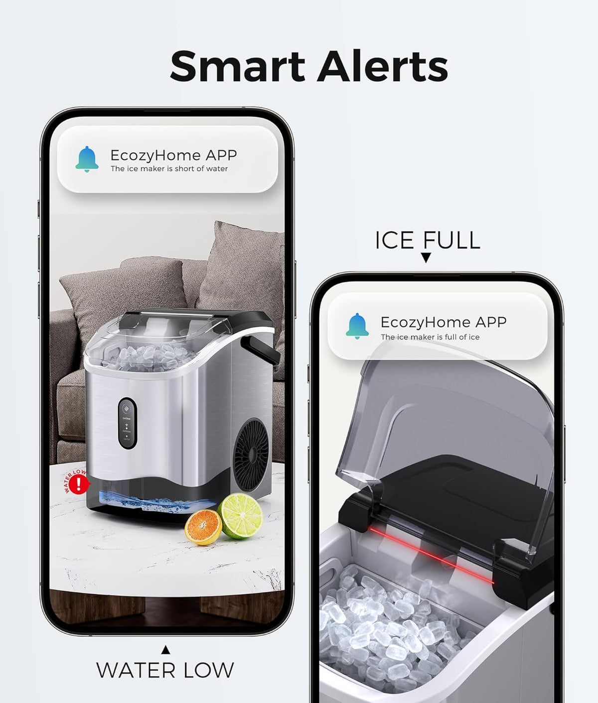 ecozy Smart Nugget Ice Maker Countertop, Portable Pebble Ice Machine with Voice Control, 34lbs/24H Soft Chewable Ice, Self-Cleaning Pellet Ice Maker with APP WiFi for Kitchen Party, Stainless Steel