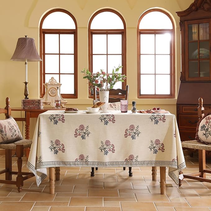 ISAENNE Designer Linen Light Beige Table Cloth for Rectangle Table,French Colorful Floral Table Cloth,Stain Resistant Decor Tablecloths for Dining Thanksgiving Kitchen,55"*87"-Helena E