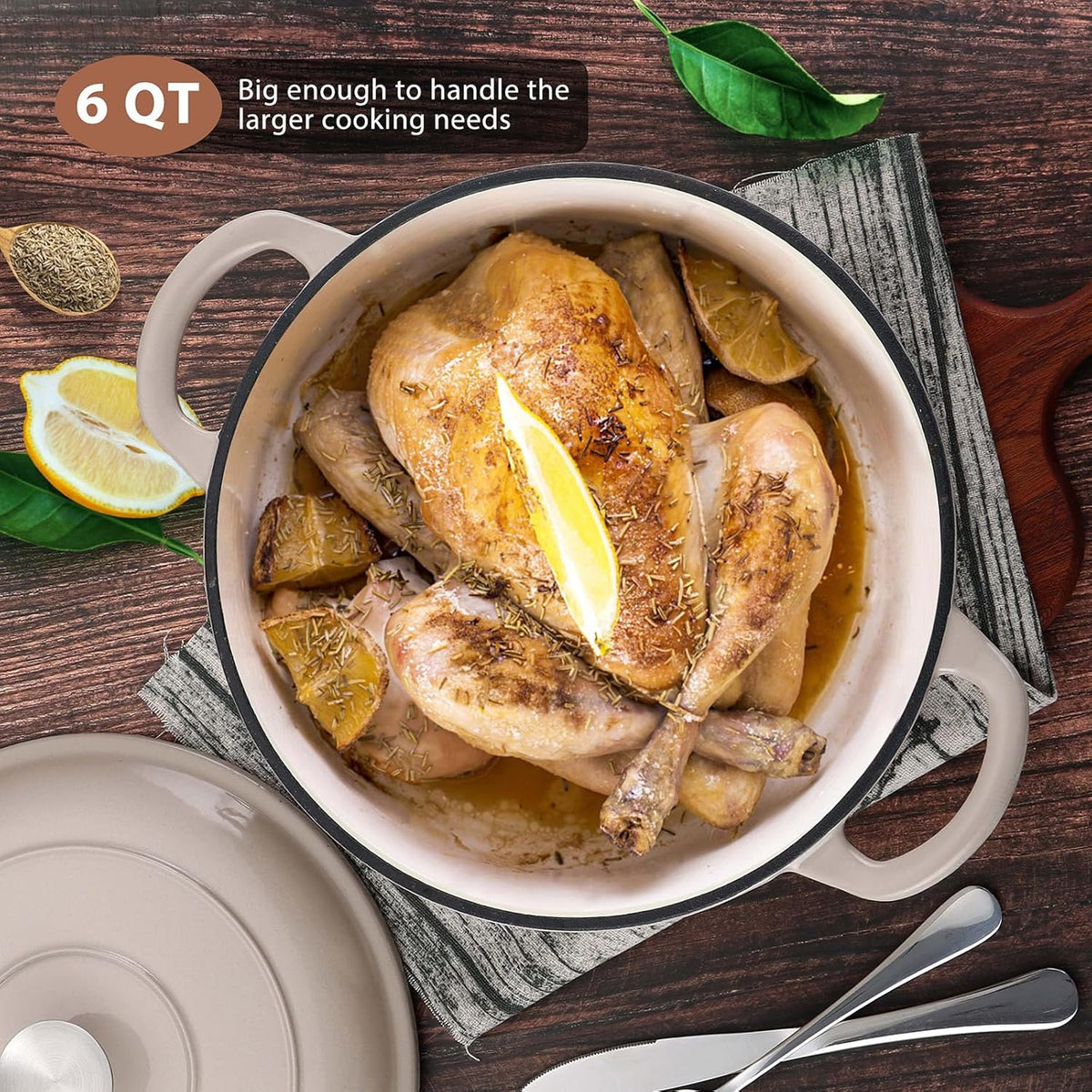 E-far 6 Quart Enameled Cast Iron Dutch Oven, Round Dutch Oven Pot with Lid, Nonstick Cookware for Braising/Stews/Roasting/Bread Baking/Cooking, Heavy Duty, Induction & Oven Safe - Khaki