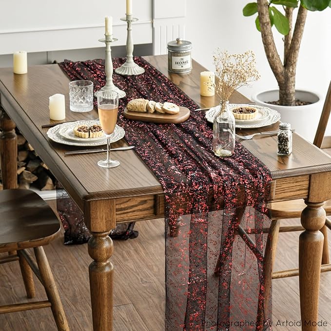 Artoid Mode 6PCS Black Red Gold Gauze Table Runner 120 Inch 10FT, Glitter Metallic Foil Sheer Dining Wedding Anniversary Holiday Table Decor for Home Party