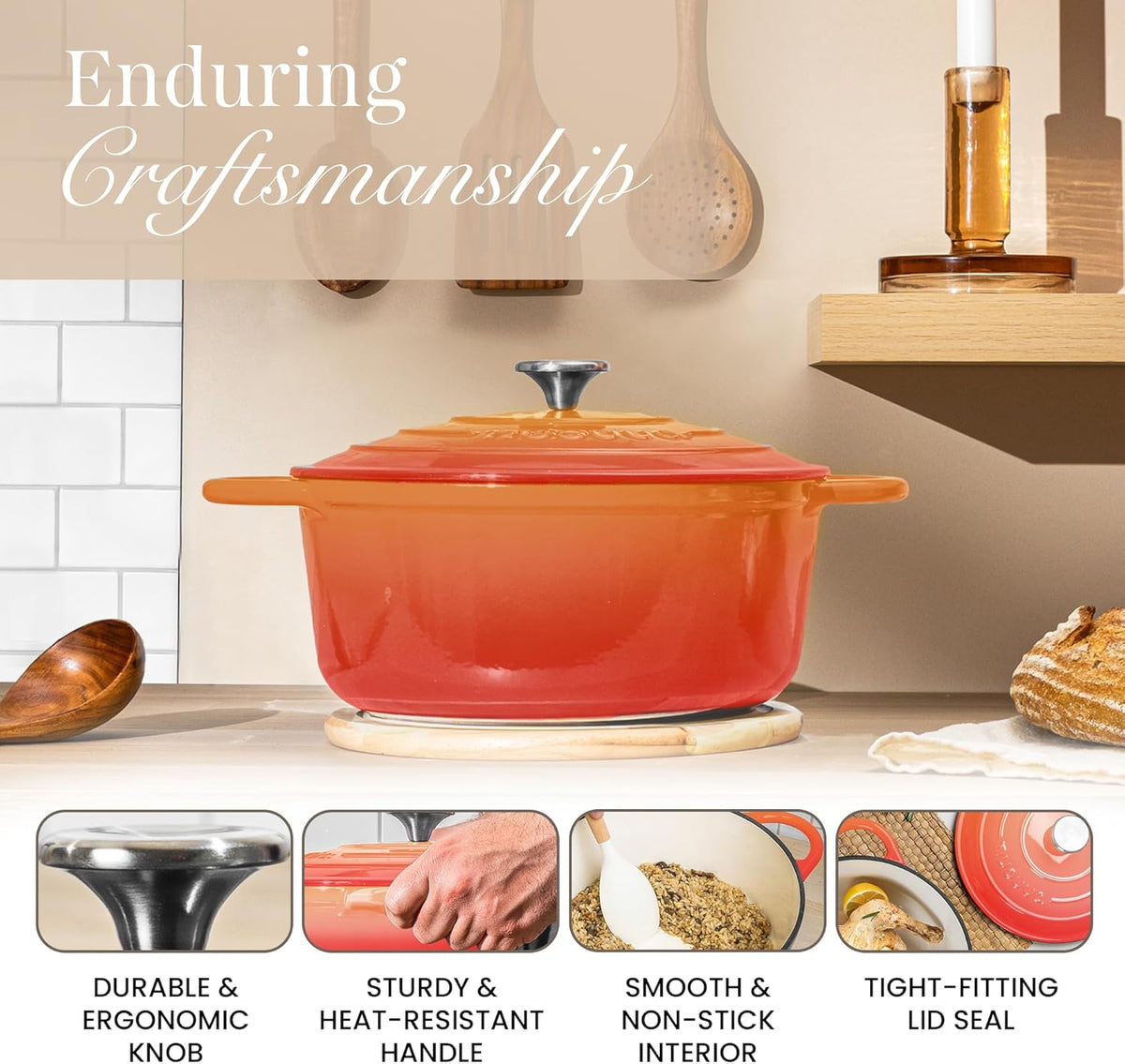 Nuovva Enamelled Cast Iron Dutch Oven Pot with Lid – 6.4 Quart Non Stick Casserole Pot – Heavy Duty & Oven Safe up to 500° F for Bread Baking, Braising, Stews, Roasting – 28cm Orange