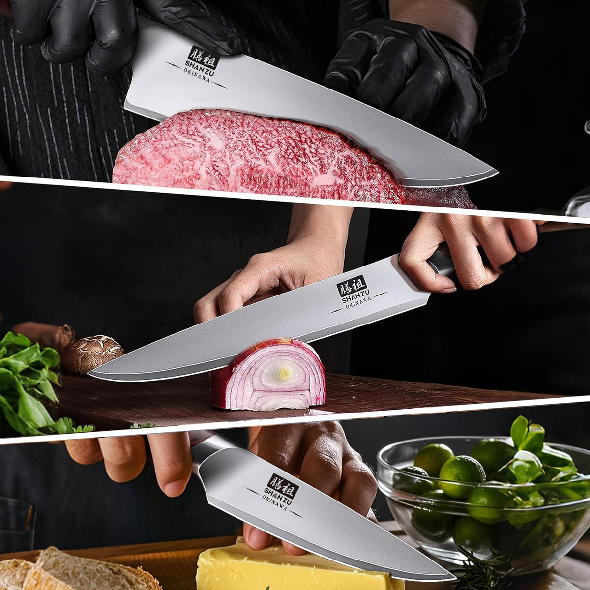 SHAN ZU Japanese Knife Set 3 PCs, High Carbon 10Cr15Mov Stainless Steel Chef Knife Set, Ultra-Sharp Professional Kitchen Knives Set with Ergonomic Pakkawood Handle and Elegant Gift Box