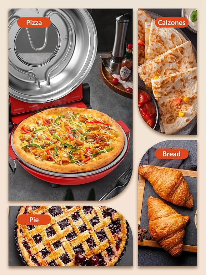 Electric Pizza Oven Indoor with Glazed Ceramic Stone, 12-Inch Portable Countertop Pizza Maker with Adjustable Timer, 1200W Heat up to 800°F Pizza Maker with Viewing Window for Home DIY Pizza