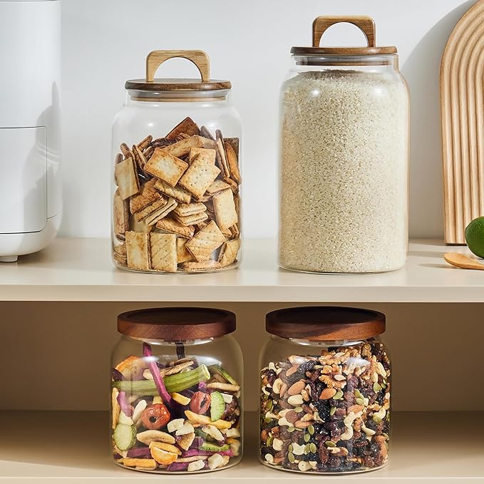 Sweejar Large Glass Candy Jars with Wooden Lids, 1 Gallon Glass Jar with Lid, Sugar/Flour Storage Containers, Big Glass Canisters with Airtight Lid, 2 Pack, Hand Lid