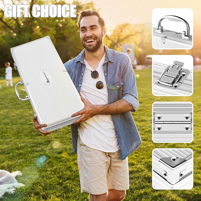 ROMANTICIST 26pcs Stainless Steel Grill Tool Set, Heavy Duty BBQ Grilling Accessories Gifts for Men Dad, Non-Slip Grill Utensils Kit with Apron, Thermometer, Mats in Aluminum Case for Christmas Silver