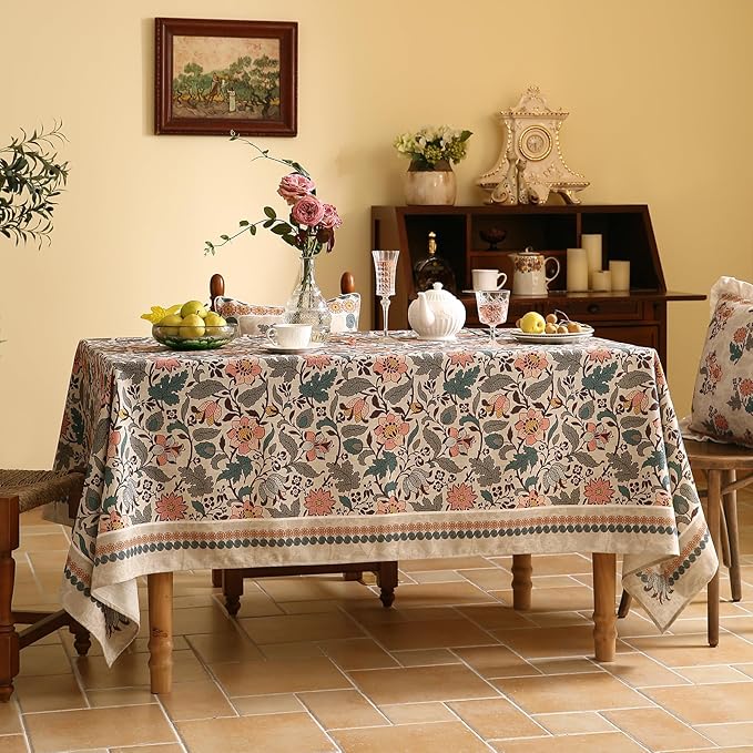ISAENNE Designer Boho Floral Small Rectangular Tablecloth,Linen Lotus Flower Pattern Colorful Table Cloth,Durable Decor Tablecloths for Dining Thanksgiving Kitchen Christmas,55"*71"-Hazel A