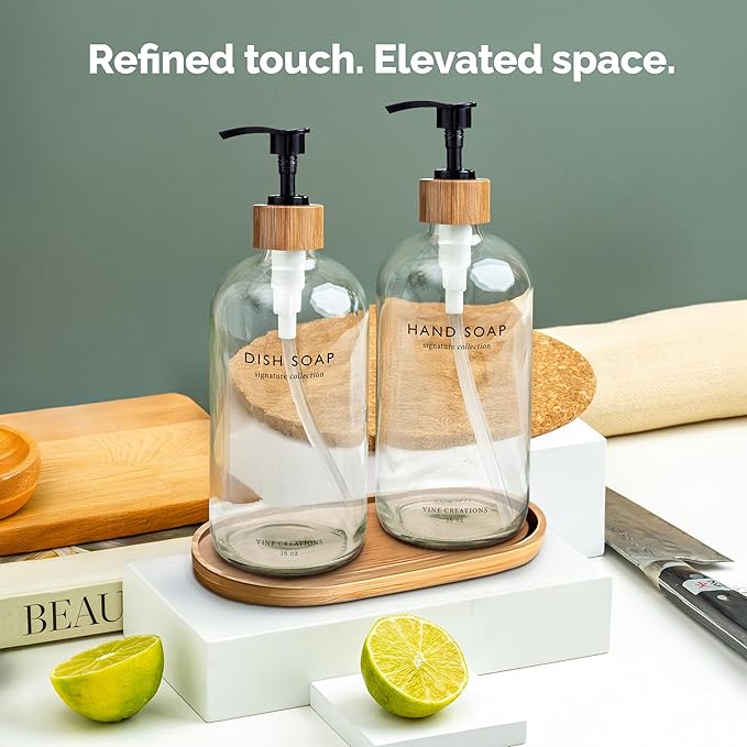 Vine Creations Clear Glass Soap Dispenser Set, Hand Soap and Dish Soap Dispenser Set with Bamboo Tray, 16 oz Glass Dispensers Bottle for Kitchen and Bathroom Decor Modern Boho with Bamboo Pump (Clear)