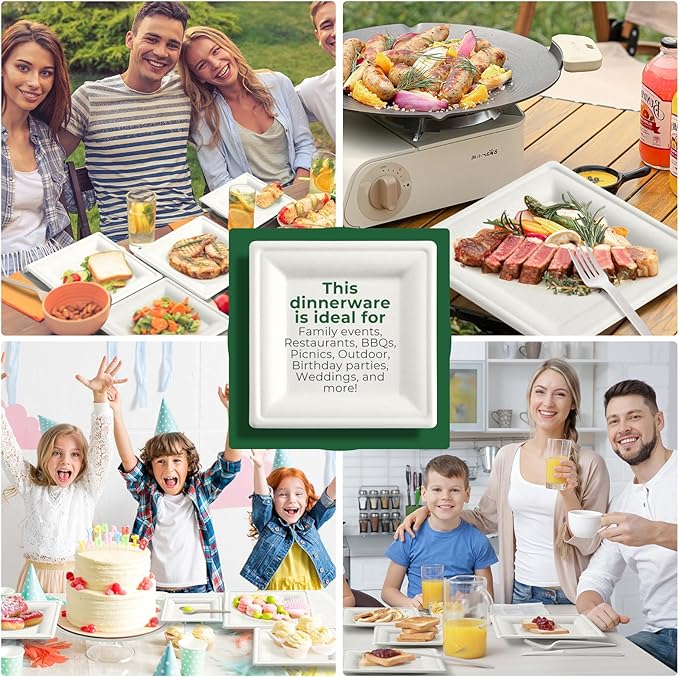 100% Compostable Paper Plates, and Biodegradable Set Includes Forks Spoons and Knives Perfect for Eco Friendly Parties and Gatherings(White 300pcs)