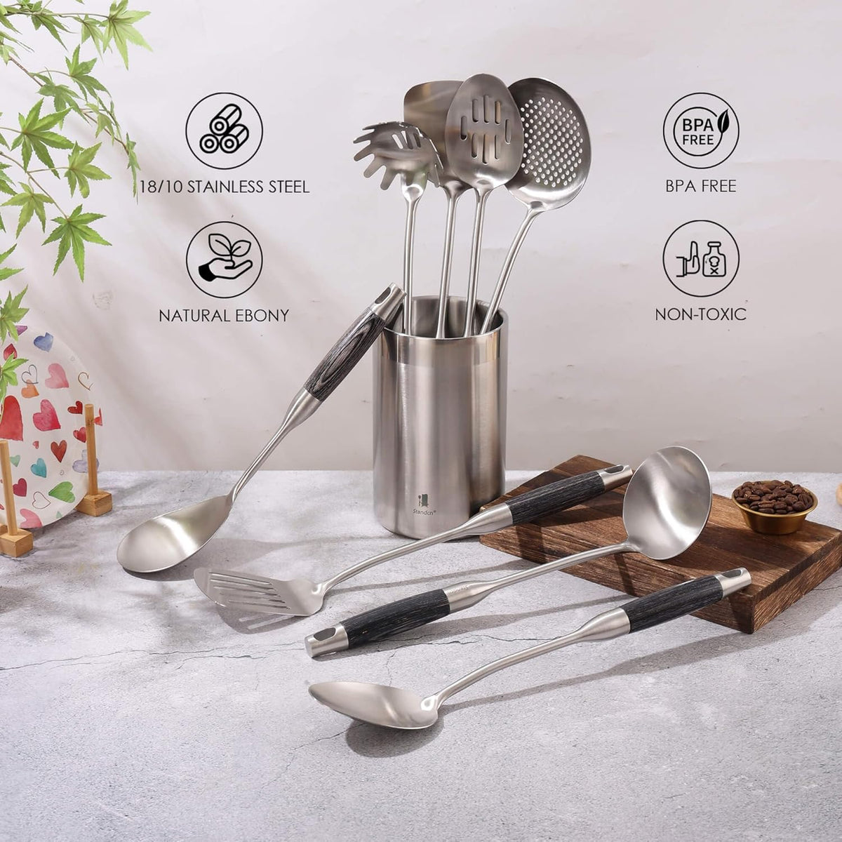 18/10 Stainless Steel Kitchen Utensils Set with Wooden Handle, 8Pcs 15” Long Cooking Utensil Set & Kitchen Gadgets Cookware Set, Serving Utensils-Spatula, Turner, Pasta, Serving Spoon, Skimmer, Ladle