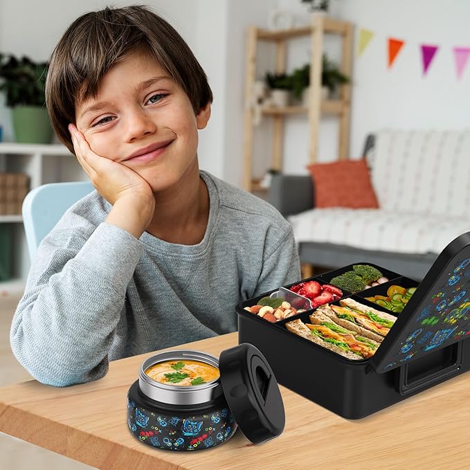 Bento Box for Kids with Thermo Food Container (9oz), 4-Compartment Lunch Box, Adjustable Divider, Leakproof Bento Lunch Box, Includes Utensils & Carry Bag for School, Office(Black-Game)