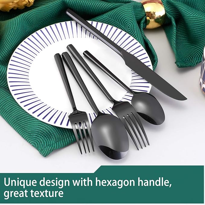 Hand Forged Stainless Steel Flatware Set Silverware Set Cutlery Set Hexagon Handle Black Mirror Finished 20 Pieces Service for 4