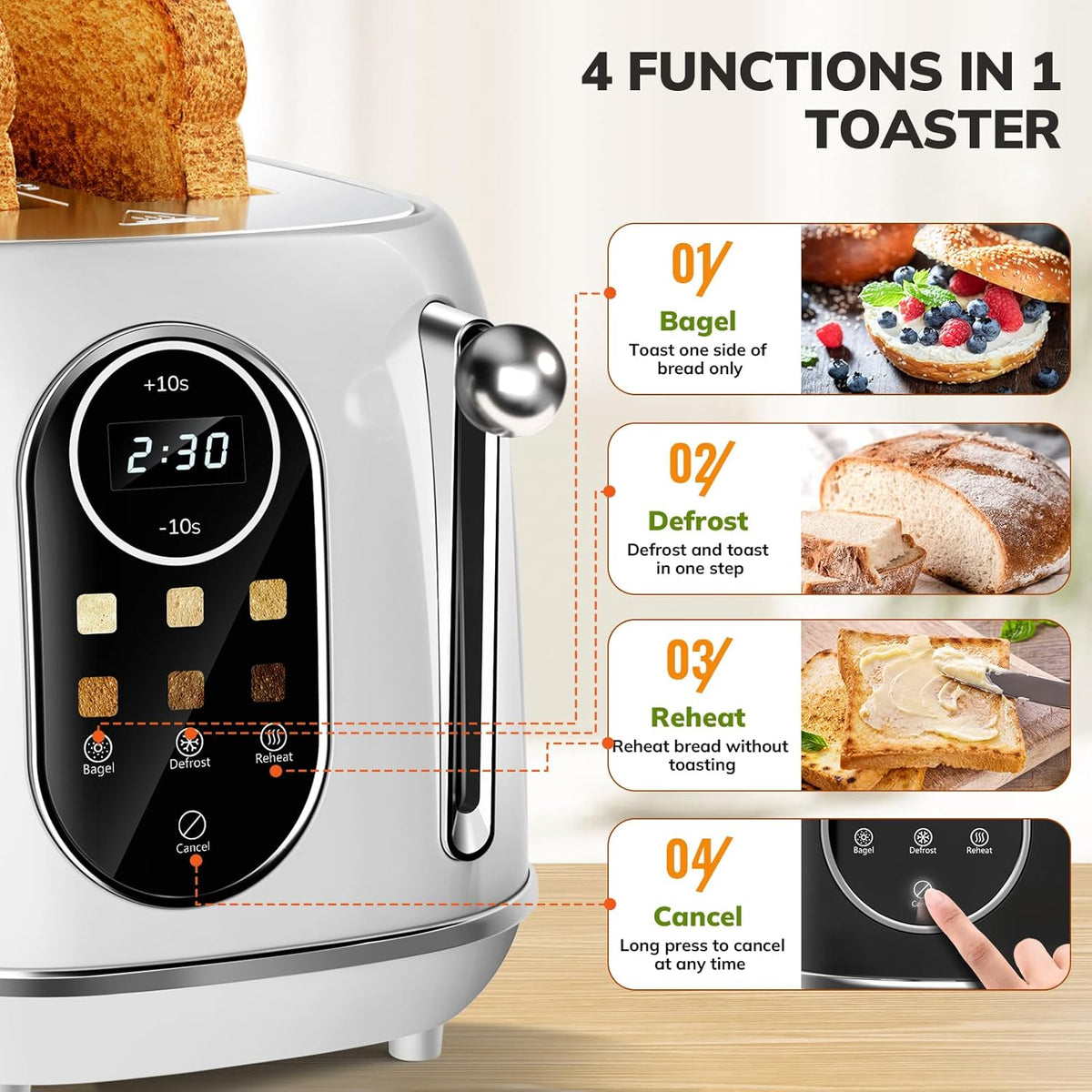 Keenstone Smart Touch Screen Toaster 2 Slice, Retro Wide Slot Stainless Steel Toaster with 6 Browning Levels, Reheat & Defrost, for Bagel, Toast, Bread, Removable Crumb Tray, White