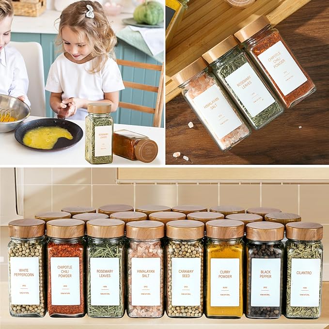Spice Jars with Label,4oz Seasoning Containers, Glass Spice Bottles with Shaker Lids,Funnel, Chalk Pen (24)