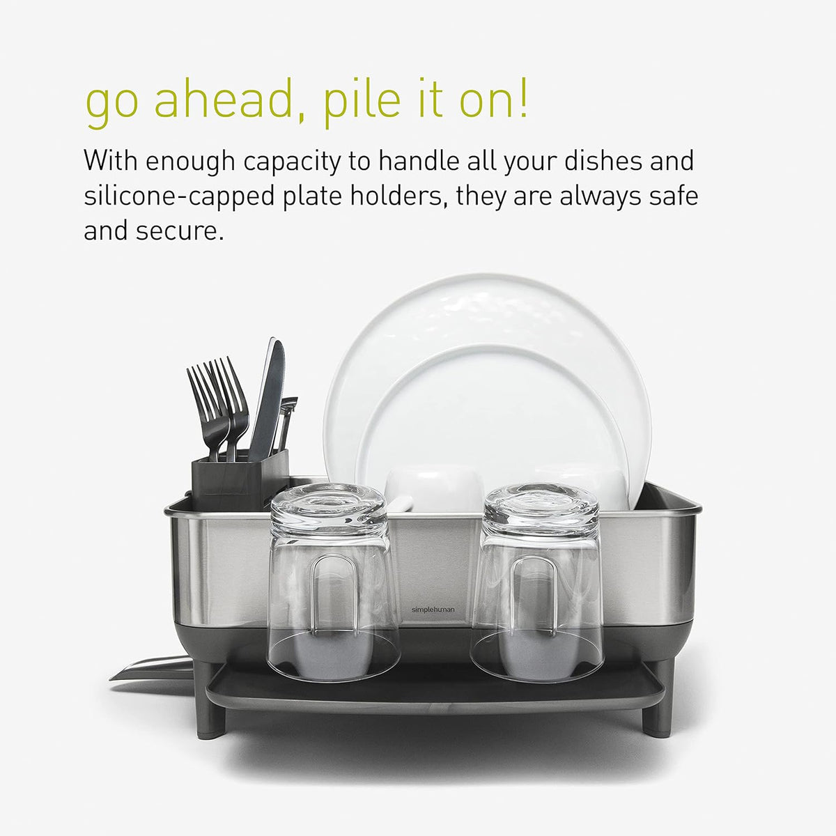 simplehuman Compact Dish Drying Rack with Stainless Steel Frame, 360º Easy Drain Swivel Spout, Utensil Holder, Anti-Residue Coating, Moisture Control Surface, Grey