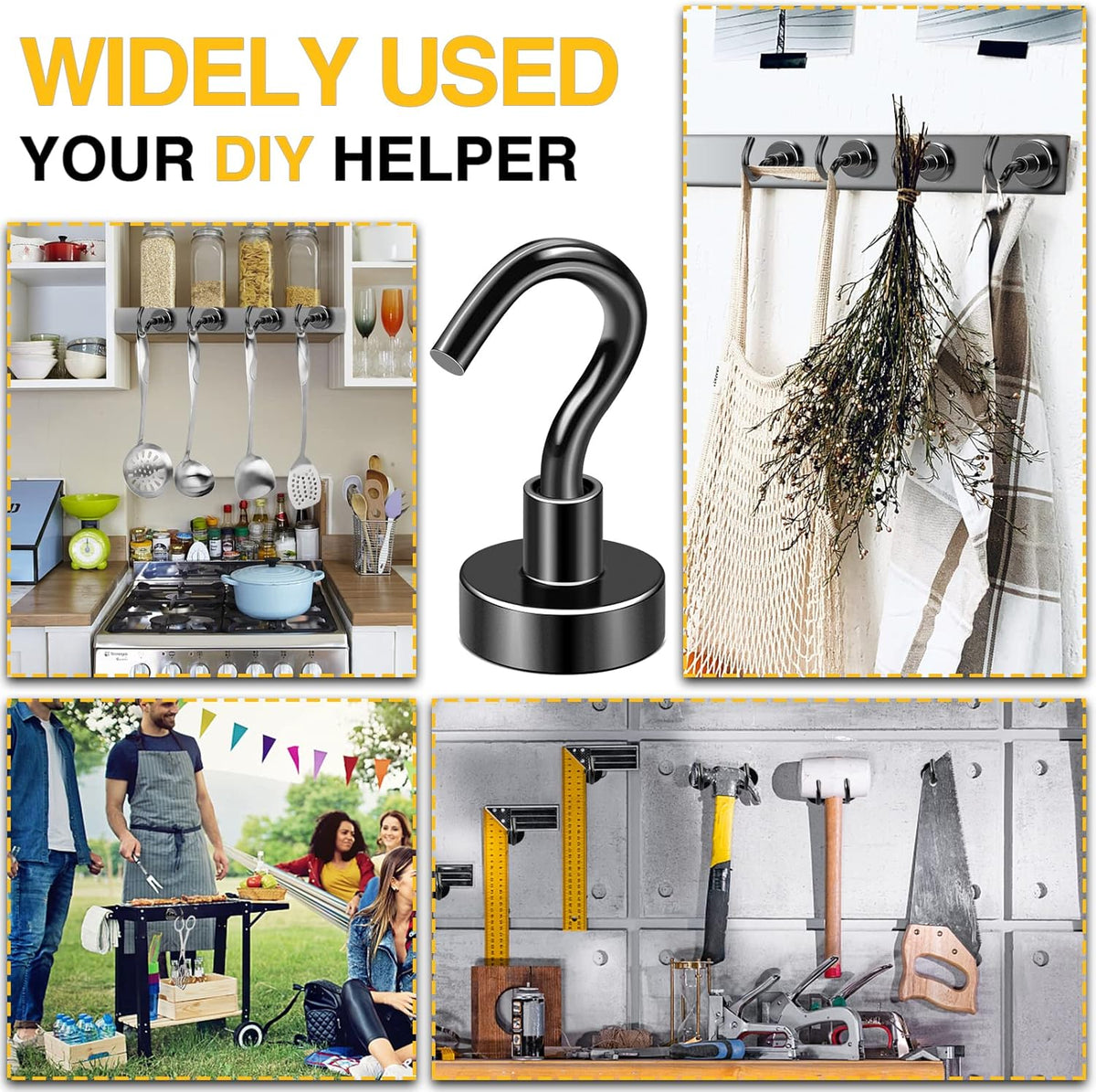 DIYMAG Outdoor Hooks for Hanging String Lights, Balck Magnetic Hooks Strong 30lbs+ Hanging Party Light Wall Cable for Outside Cruise Cabin Refrigerator Fridge Grills Must Have 60PCS
