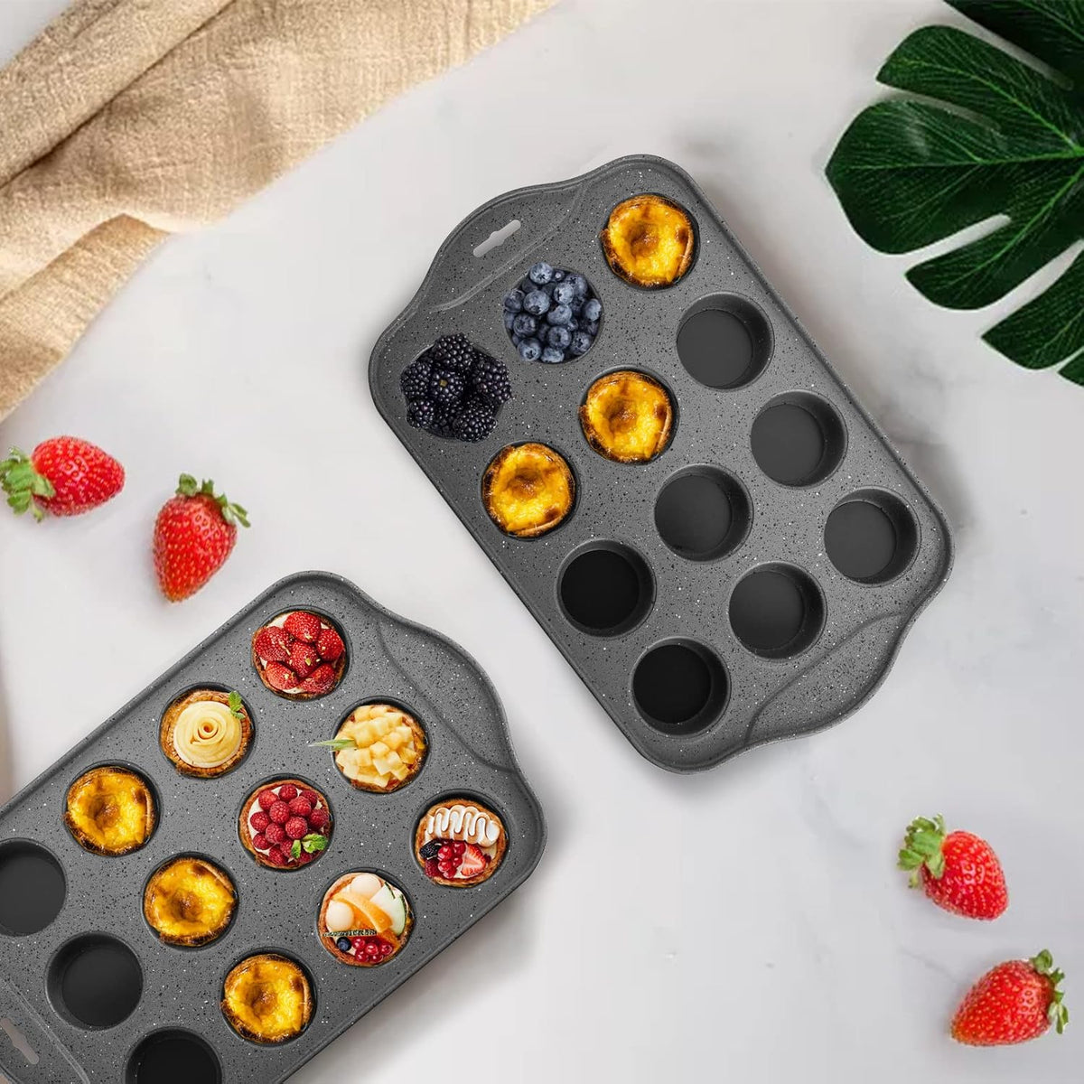 Tosnail 2 Pack 12 Cavity Mini Cheesecake Pan, Mini Cupcake Muffin Baking Pans with Removable Bottom, Round, Black