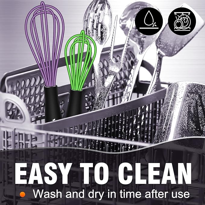 Walfos Whisk,5+7Inch Mini Whisks,Silicone Whisk Non Scratch whisk,Heat Resistant(480°F) Small whisks Suitable for stirring individual eggs and mixing small amounts of powder and sauce. Purple & Green