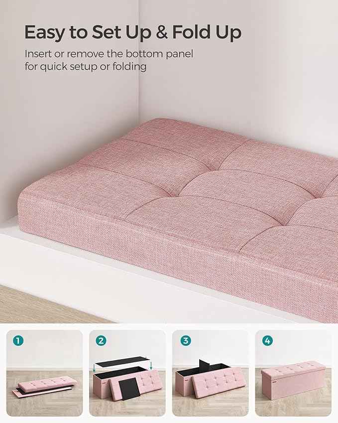 SONGMICS MAZIE Collection - 43 Inches Folding Storage Ottoman Bench, Ottoman Foot Rest, End of Bed Bench, Storage Chest, Load 660 lb, for Living Room, Bedroom, Entryway, Jelly Pink ULSF077R11